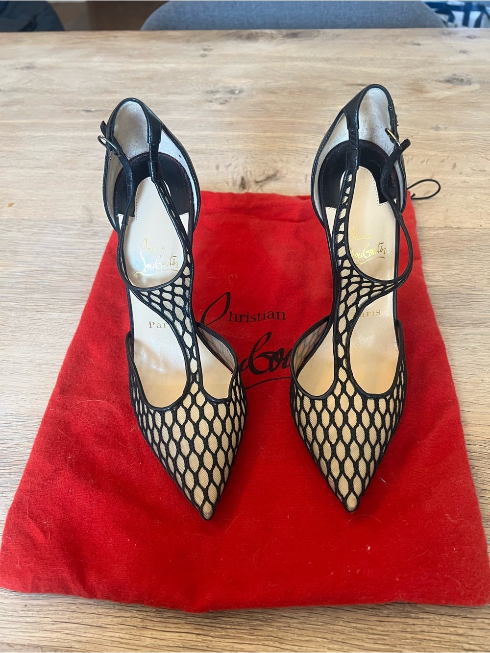 Christian Louboutin Mesh T-Strap Pumps Black Nude Red Sole Heels EU 39.5